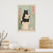 トイレでくつろぐ黒猫のイラスト 楽しいバスルーム ポスター (キッチン)