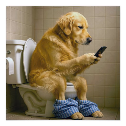 トイレでスマートフォンをいじるゴールデンレトリバー ポスター (正面)