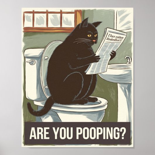 トイレで新聞を読む猫 - うんちしてるの？ ポスター (正面)