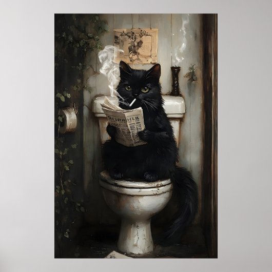 トイレで新聞を読んでいる黒猫 ポスター (正面)