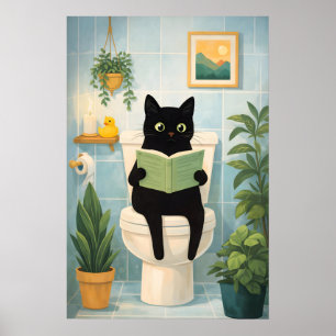 トイレで本を読む黒猫の面白イラスト バスルームプリント ポスター