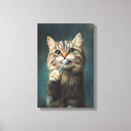 トイレにピッタリの歯ブラシ付き可愛い猫 キャンバスプリント (正面)