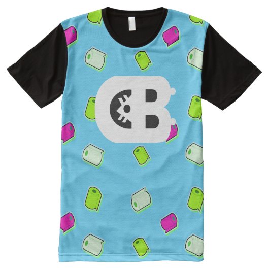 トイレに青Tシャツを着転がる オールオーバープリントT シャツ (正面)