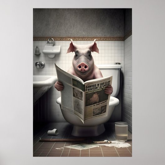 トイレの壁の動物のイラスト付きパンツ Funny Pig Bathroom Print ポスター (正面)