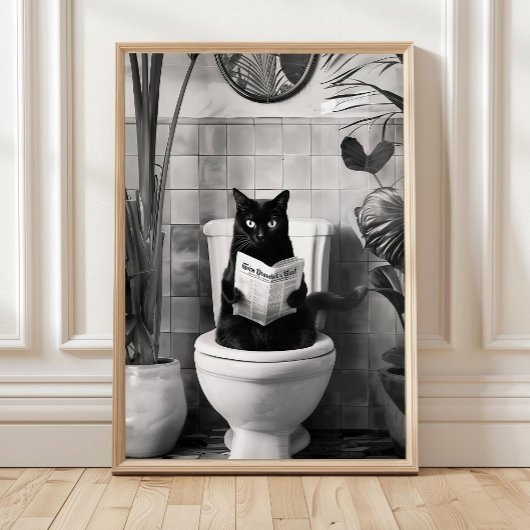 トイレの黒と白の猫のプリント ポスター