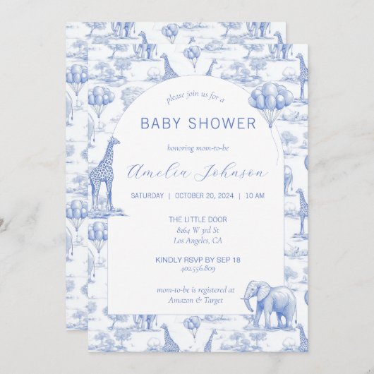 トイレサファリブルーベビーシャワー招待状動物 招待状 (正面/裏面)