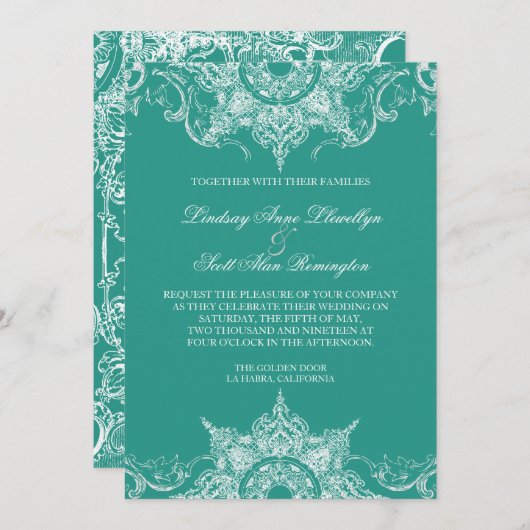 トイレダマスクスワールウェディングエグッズティール（緑がかった色）グリーン 招待状 (正面/裏面)