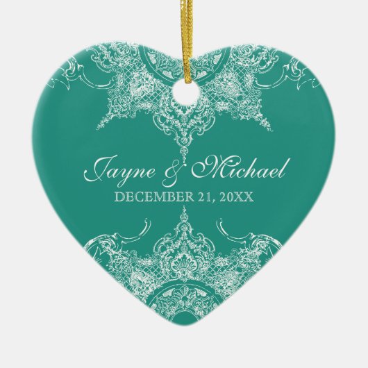 トイレダマスクスワール初めてのクリスマスティール（緑がかった色）グリーン セラミックオーナメント (正面)