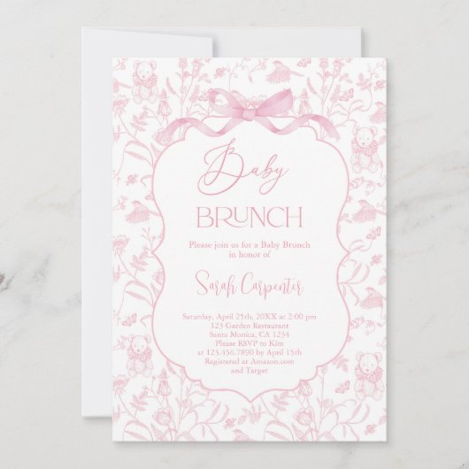 トイレデジュイガールベビーシャワーブランチとボウ 招待状 (正面)