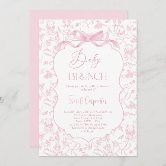 トイレデジュイガールベビーシャワーブランチとボウ 招待状 (正面/裏面)