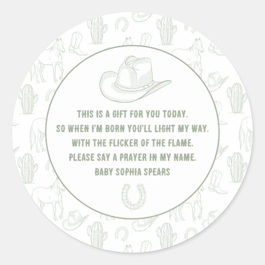 トイレデジュイグリーンカウボーイウェスタン祈りの言葉ベビー ラウンドシール (正面)