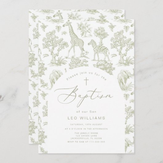 トイレデジュイサファリ動物グリーンボーイバプテスマ 招待状 (正面/裏面)
