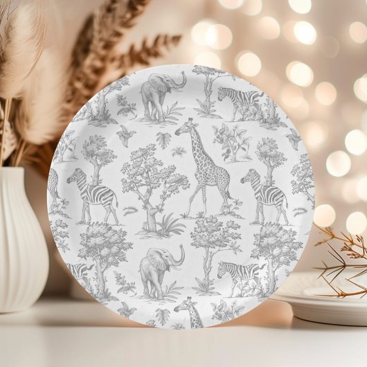 トイレデジュイサファリ動物グレイ赤ちゃんシャワー ペーパープレート