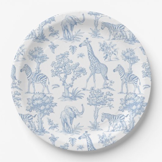 トイレデジュイサファリ動物ブルーベビーシャワー ペーパープレート (正面)