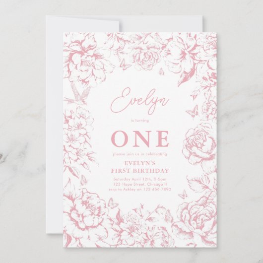 トイレデジュイピンクフローラガール1st誕生日パーティー 招待状 (正面)