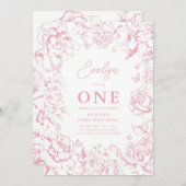 トイレデジュイピンクフローラガール1st誕生日パーティー 招待状 (正面/裏面)