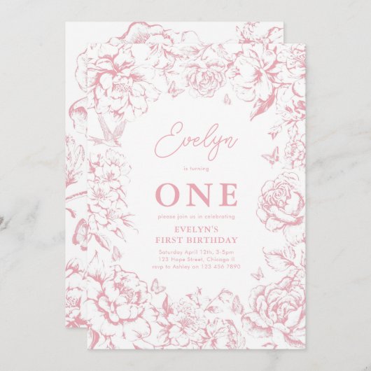 トイレデジュイピンクフローラガール1st誕生日パーティー 招待状 (正面/裏面)