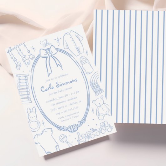 トイレデジュイブルーお洒落ベビーシャワー 招待状