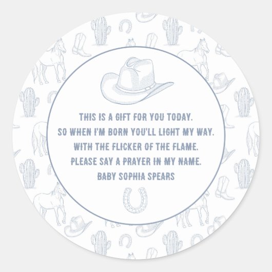 トイレデジュイブルーカウボーイウェスタン祈りの言葉ベビー ラウンドシール (正面)