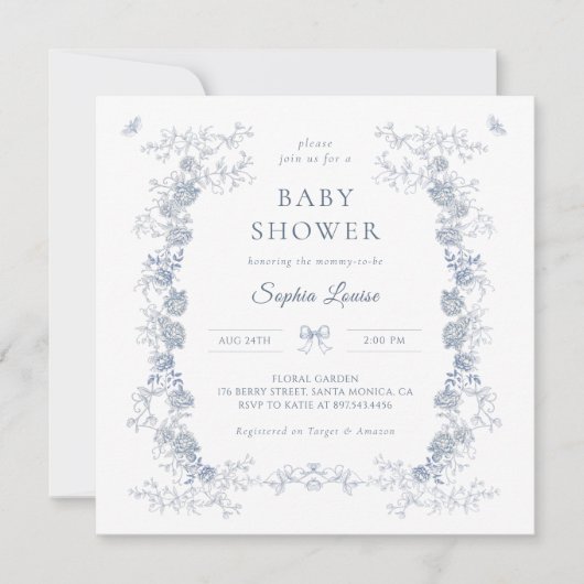 トイレデジュイベビーブシャワーブルーチノワセリーフローラ 招待状 (正面)