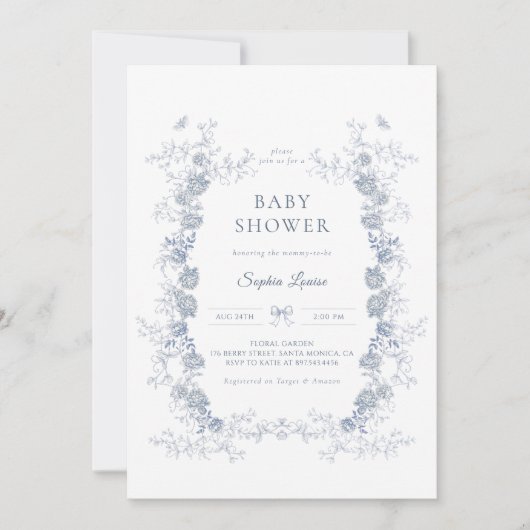 トイレデジュイベビーブシャワーブルーチノワセリーフローラ 招待状 (正面)