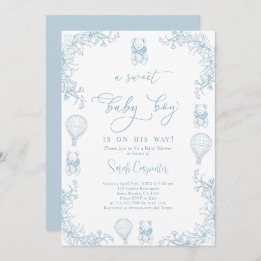 トイレデジュイホットエアバルーンベビーシャワーボーイ 招待状 (正面/裏面)