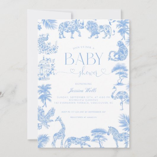 トイレデジュイホワイトアンドブルーサファリベイビーシャワー 招待状 (正面)