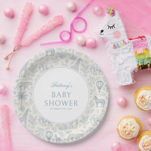 トイレデジュエサファリアニマルズブルーボーイベビーシャワー ペーパープレート (パーティー)