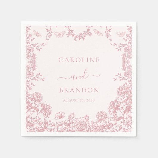 トイレピンクの花柄シノワズリープリントのウェディングナプキン スタンダードカクテルナプキン (正面)
