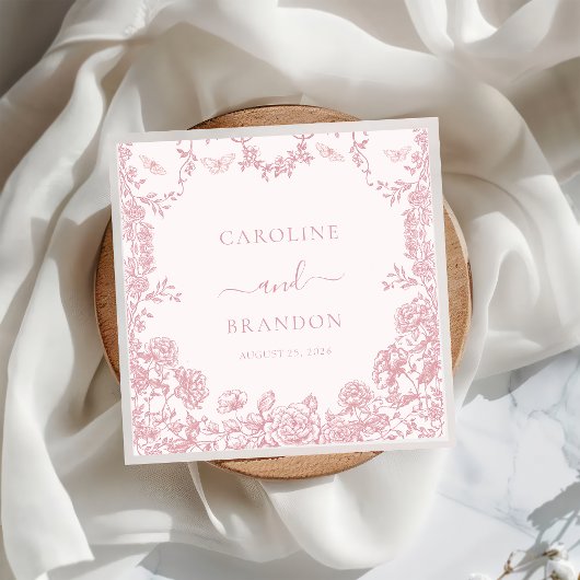 トイレピンクの花柄シノワズリープリントのウェディングナプキン スタンダードカクテルナプキン