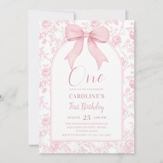 トイレピンクボウチャイノワジェリー1st誕生日招待状 招待状 (正面)