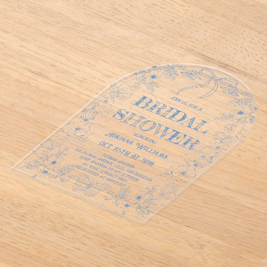 トイレブルーフローラボウブライダルシャワー アクリル招待状 (レイダウン)