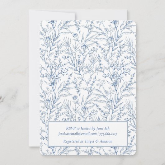 トイレブルーボタニカルライン描ベビーシャワー 招待状 (裏面)