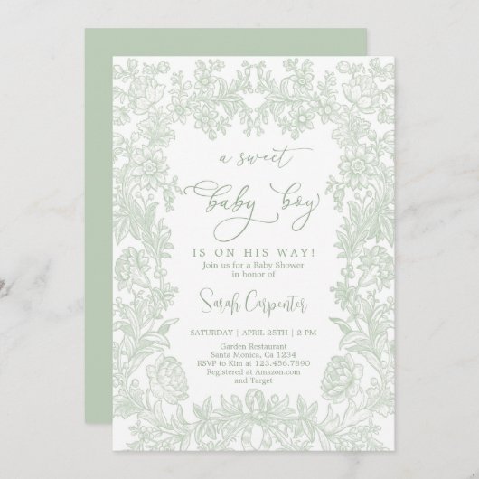 トイレヴィンテージフレームベビシャワーボーイ 招待状 (正面/裏面)