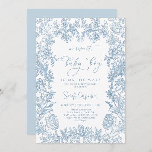 トイレヴィンテージフレームベビシャワーボーイ 招待状 (正面/裏面)