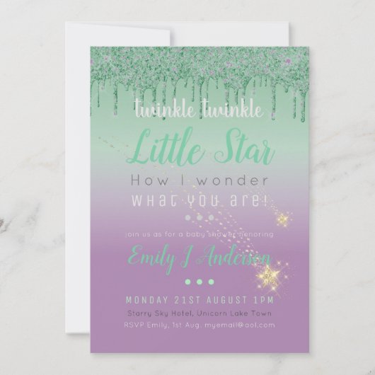 トゥインクルスターグリーンパープルドリップグリッターベビー性別 招待状 (正面)