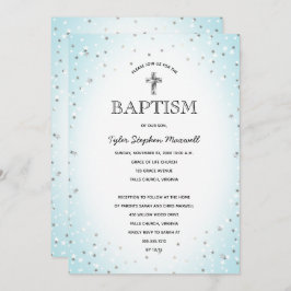 トゥインクルスターズアンドクロスブルー男の赤ちゃんバプテスマ 招待状