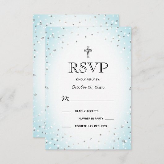 トゥインクルスターズアンドクロスブルー男の赤ちゃんバプテスマRSVP 招待状 (正面/裏面)