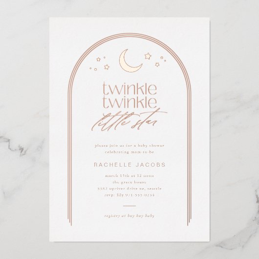 トゥインクルトゥインクルリトルスターアーチベイビーシャワーバラ 箔招待状 (正面)