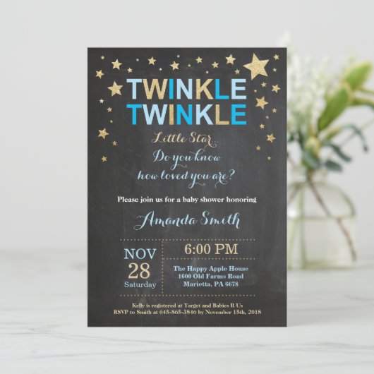 トゥインクルトゥインクルリトルスターブルー金ゴールド赤ちゃんシャワー 招待状 (スタンド正面)
