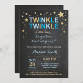 トゥインクルトゥインクルリトルスターブルー金ゴールド赤ちゃんシャワー 招待状 (正面/裏面)