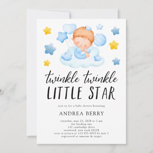 トゥインクルトゥインクルリトルスター男の赤ちゃんシャワー 招待状 (正面)
