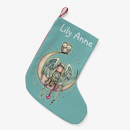 トゥインクルリトルエンジェルとフクロウ図解入りの、写真付きのアート スモールクリスマスストッキング (正面 (吊り時))