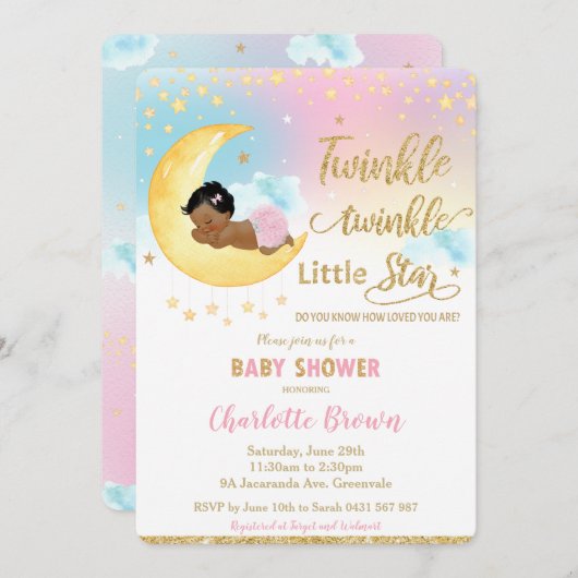 トゥインクルリトルスターかわいい小さな女の子赤ちゃんシャワー 招待状 (正面/裏面)