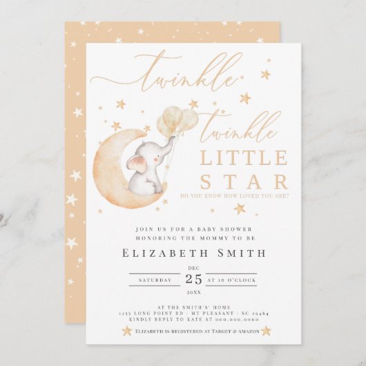 トゥインクルリトルスターエレファントイエローベビーシャワー 招待状 (正面/裏面)