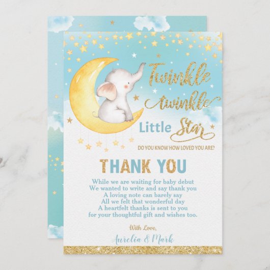 トゥインクルリトルスターエレファント男の赤ちゃん サンキューカード (正面/裏面)