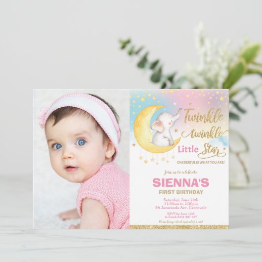 トゥインクルリトルスターエレファント誕生日写真 招待状 (スタンド正面)