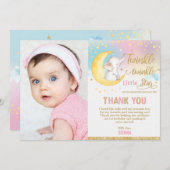 トゥインクルリトルスターエレファント1歳の誕生日パーティー サンキューカード (正面/裏面)