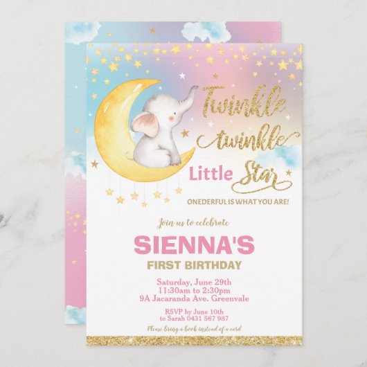 トゥインクルリトルスターエレファント1st誕生日ガール 招待状 (正面/裏面)