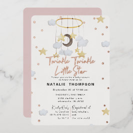 トゥインクルリトルスターガールピンクベビーシャワーバラ 箔招待状